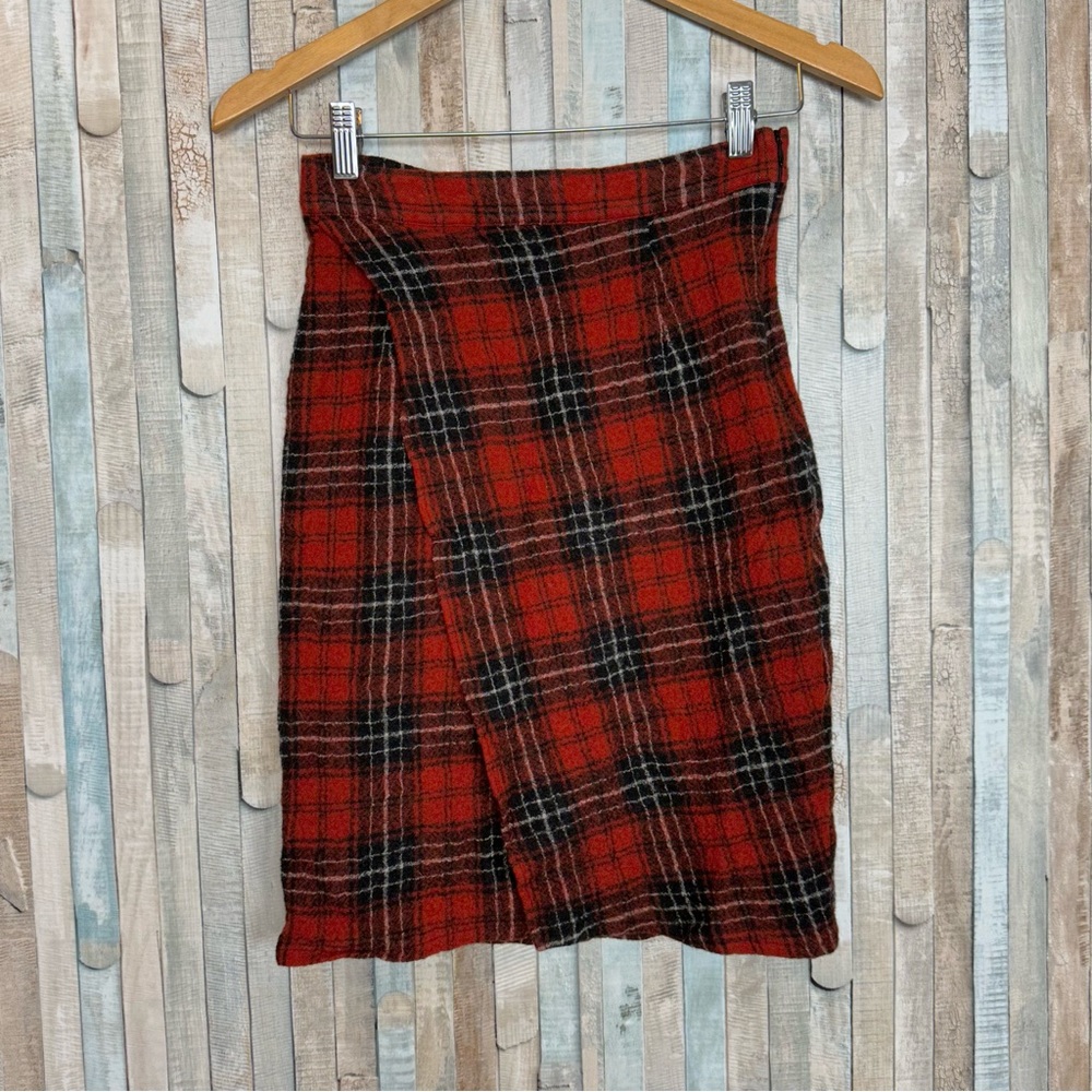 Amour Vert XS Red Plaid 100% Wool Mallory Bodycon Pencil Skirt Academia